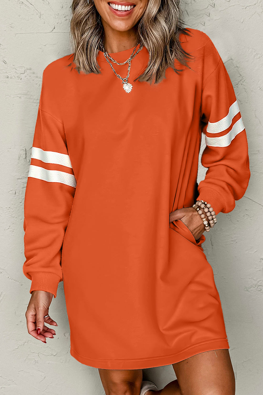 Sky Blue Varsity Contrast Banded Sleeve Shift Sweatshirt Dress