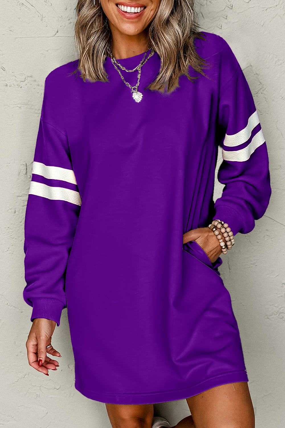 Sky Blue Varsity Contrast Banded Sleeve Shift Sweatshirt Dress