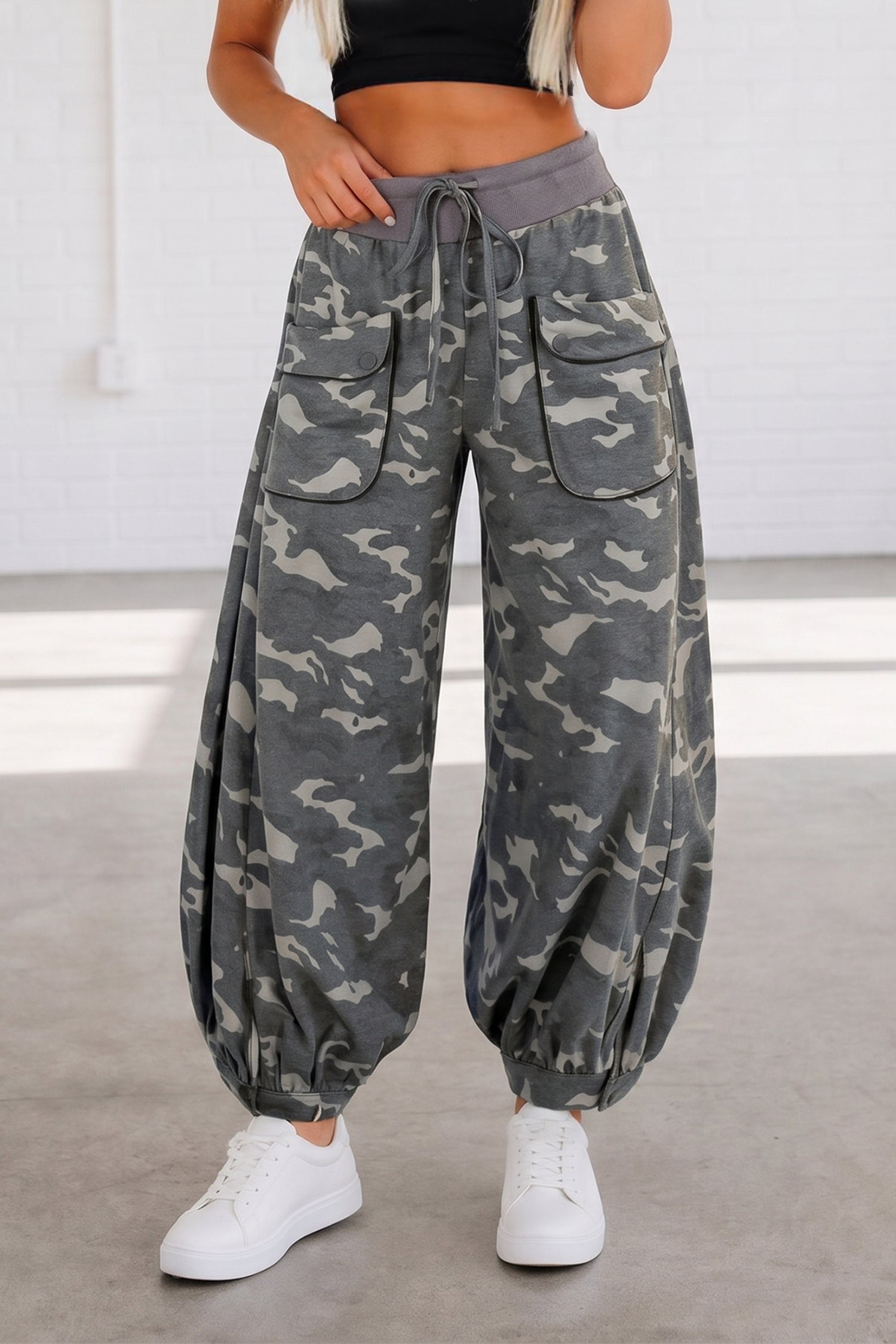 Khaki Drawstring Contrast Waistband Camouflage Joggers Pants