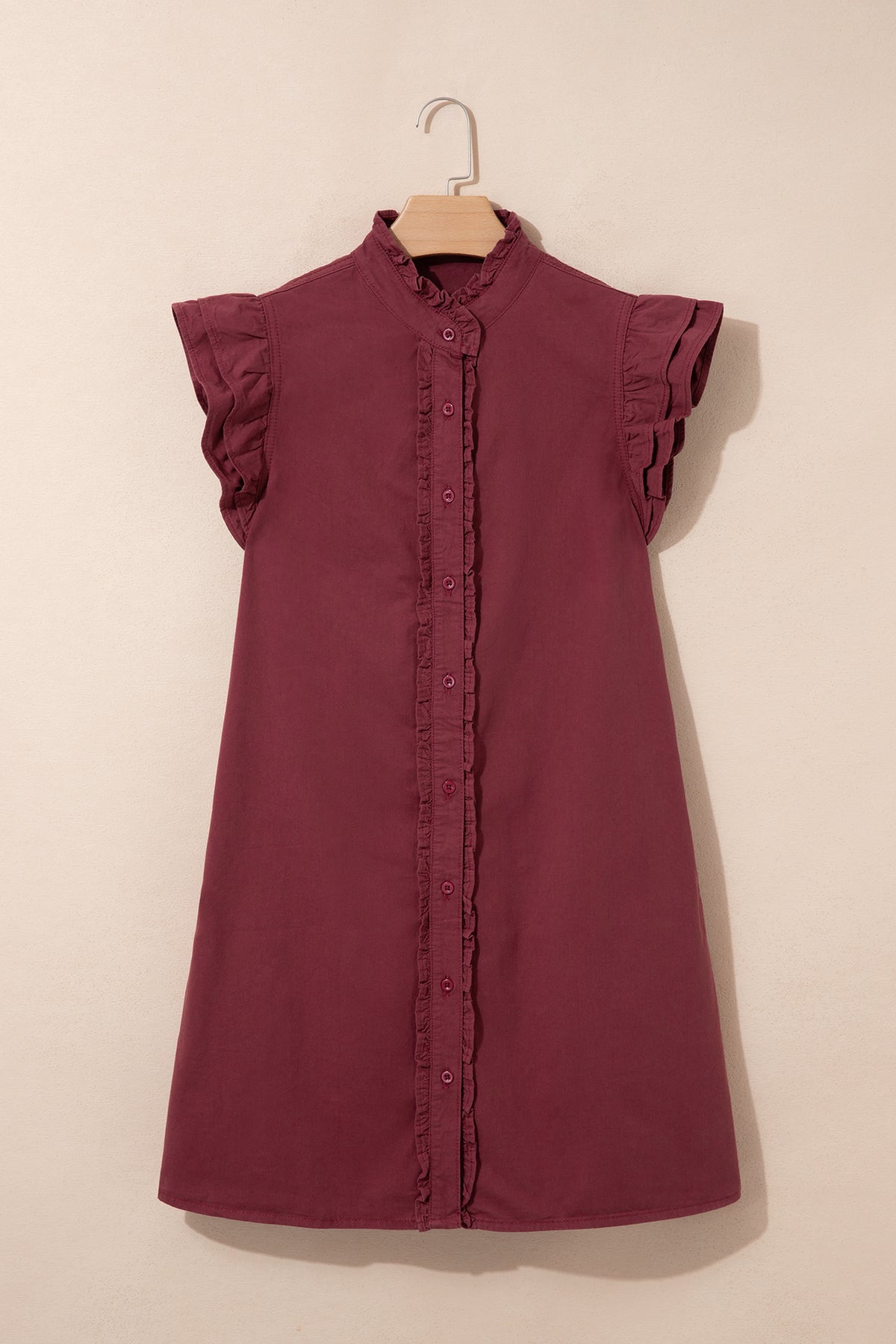 Red Sandalwood Frilled Detail Button Down Ruffle Short Sleeve Denim Mini Dress