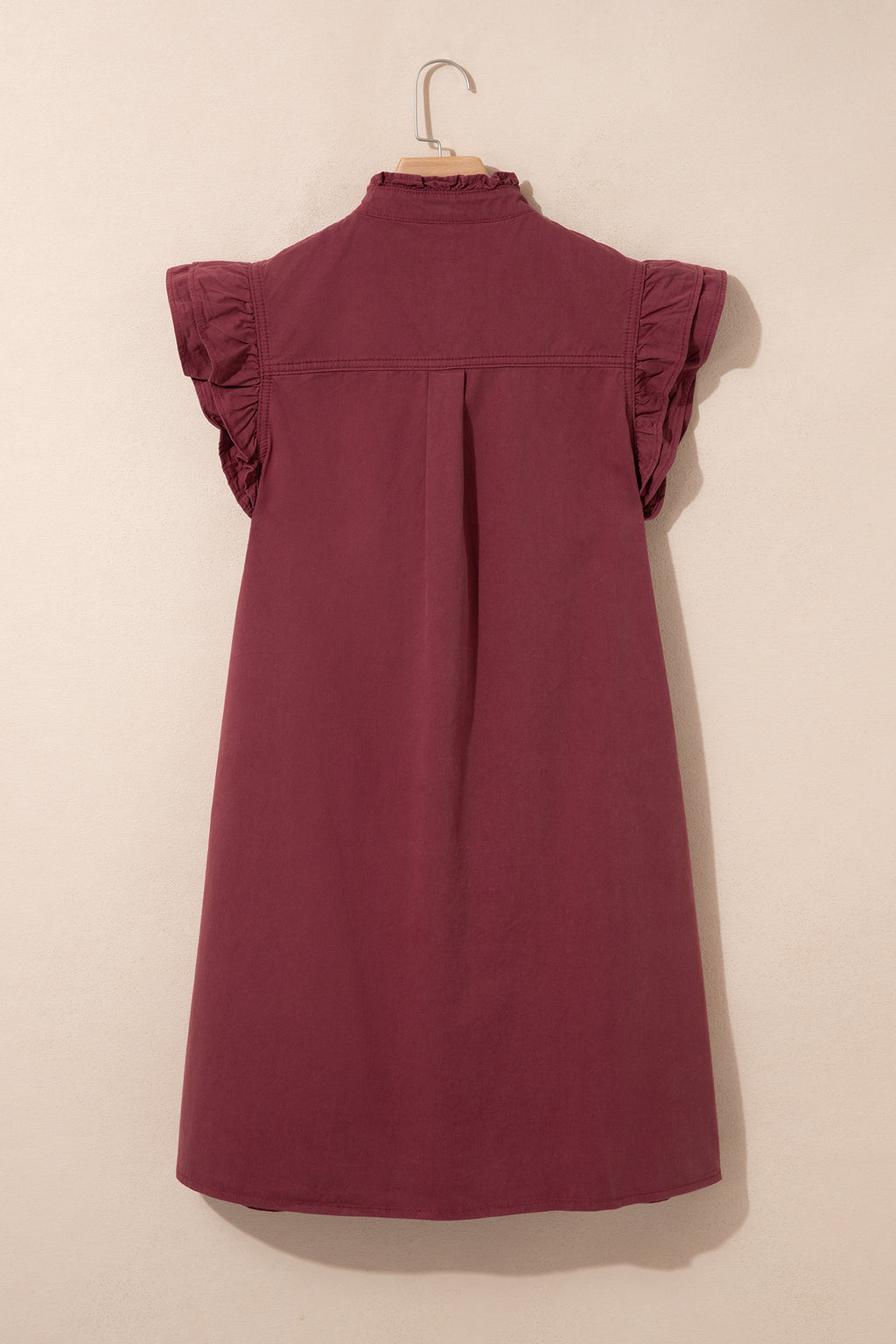 Red Sandalwood Frilled Detail Button Down Ruffle Short Sleeve Denim Mini Dress