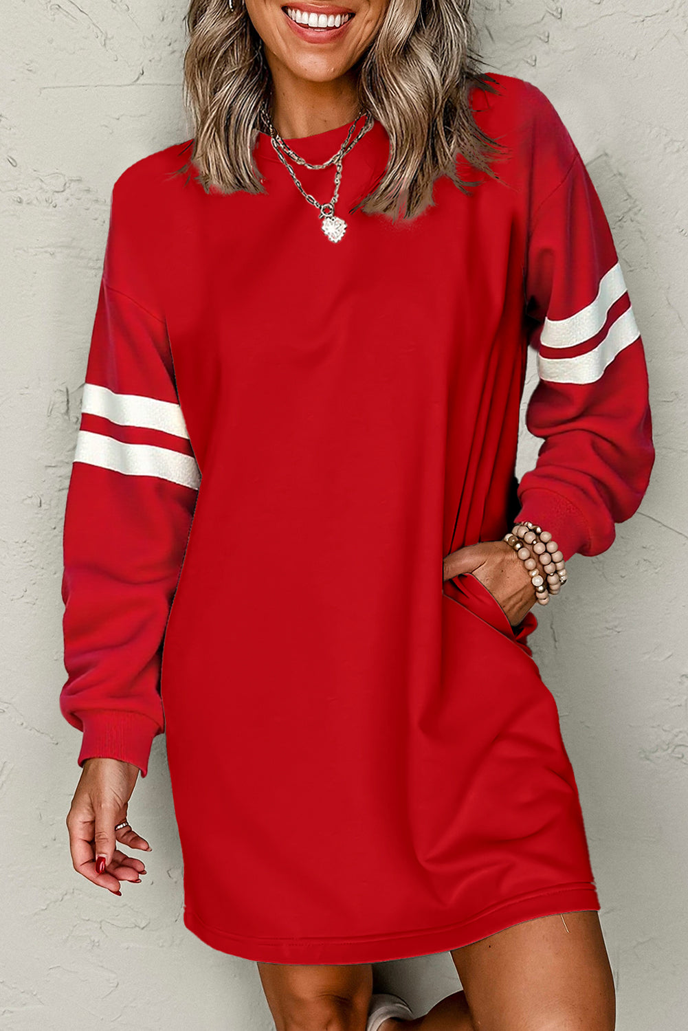 Sky Blue Varsity Contrast Banded Sleeve Shift Sweatshirt Dress