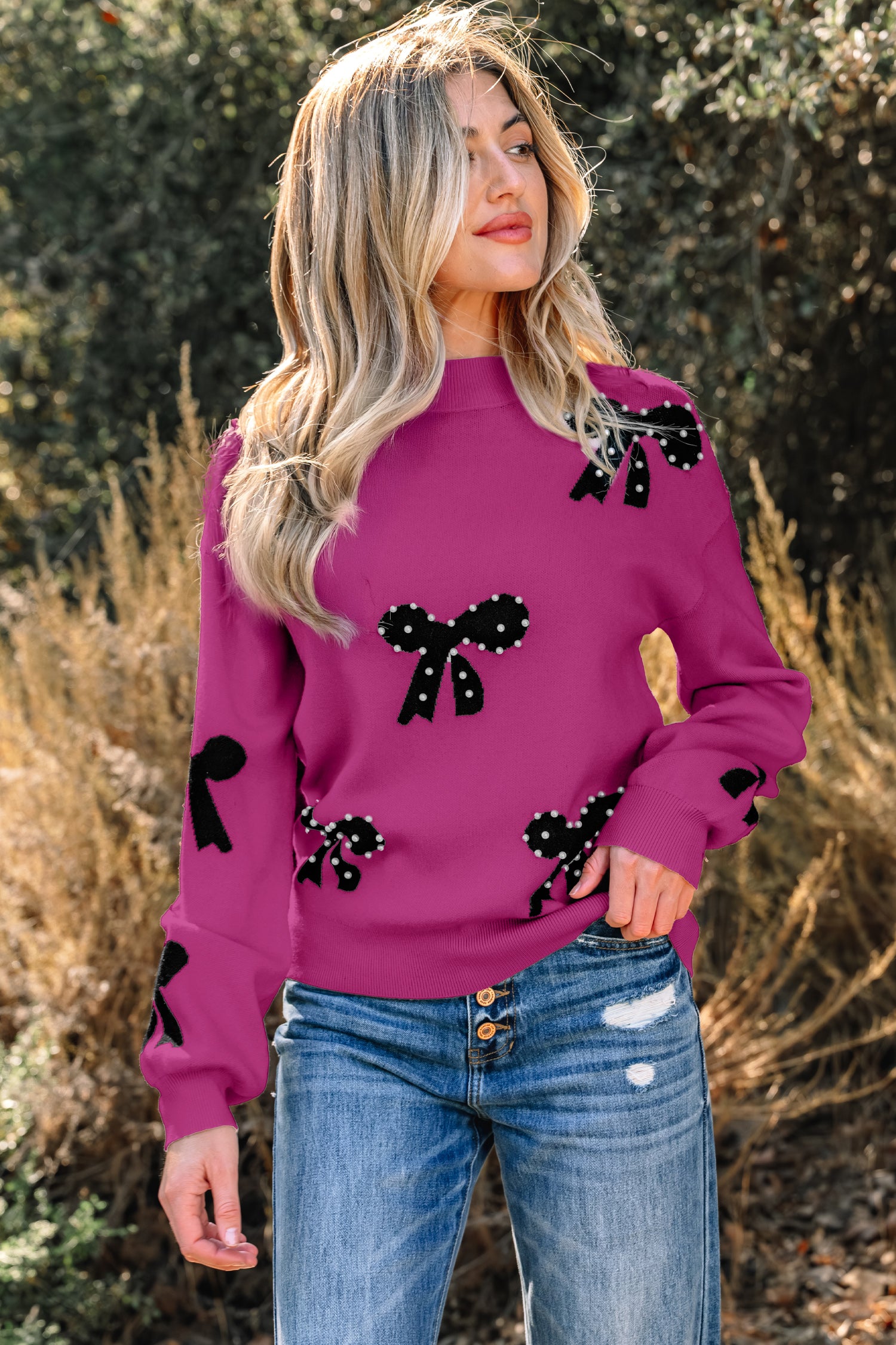 Blackish Green Pearl Embellished Bow Pattern Loose Sweater