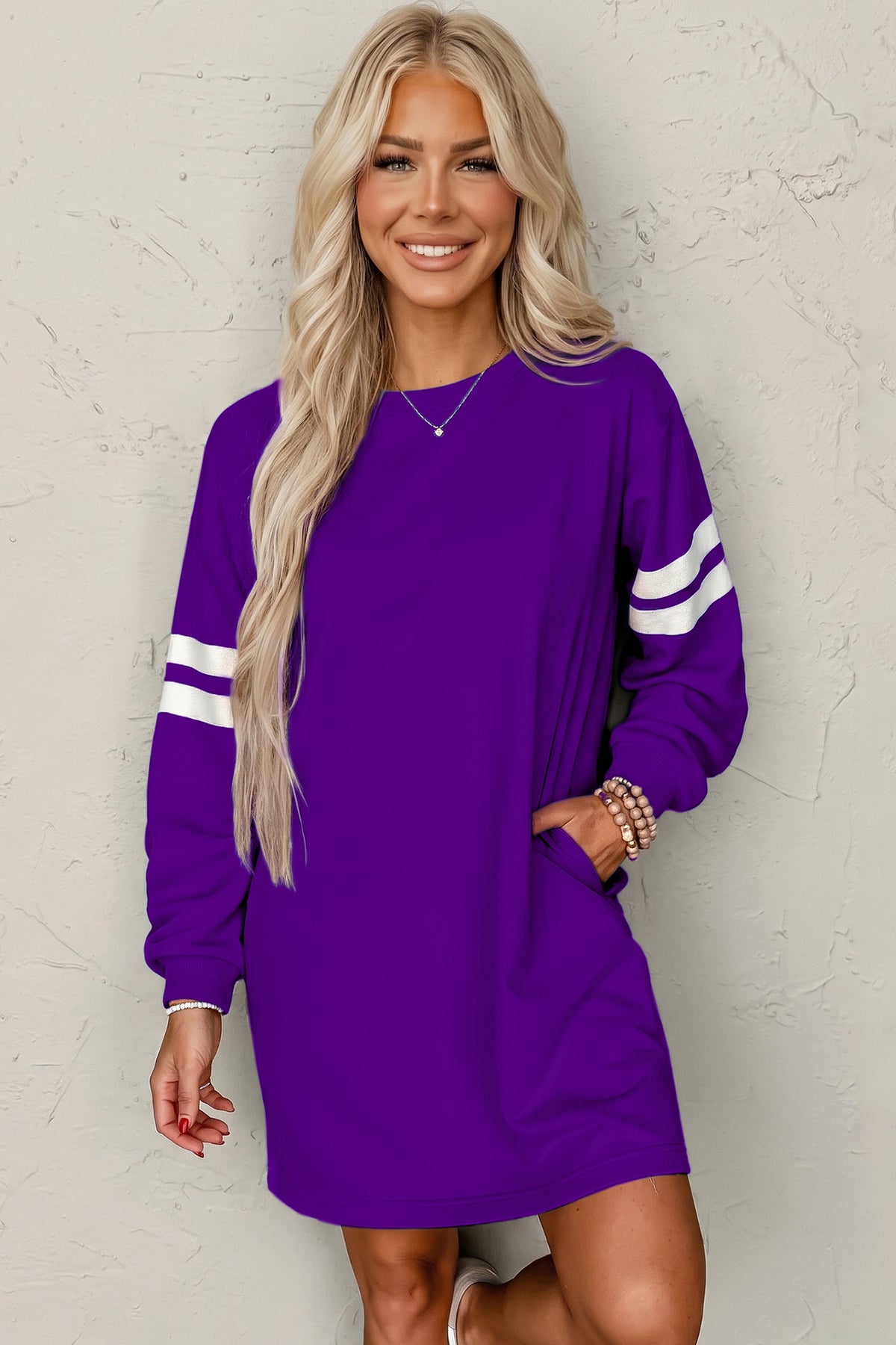Sky Blue Varsity Contrast Banded Sleeve Shift Sweatshirt Dress