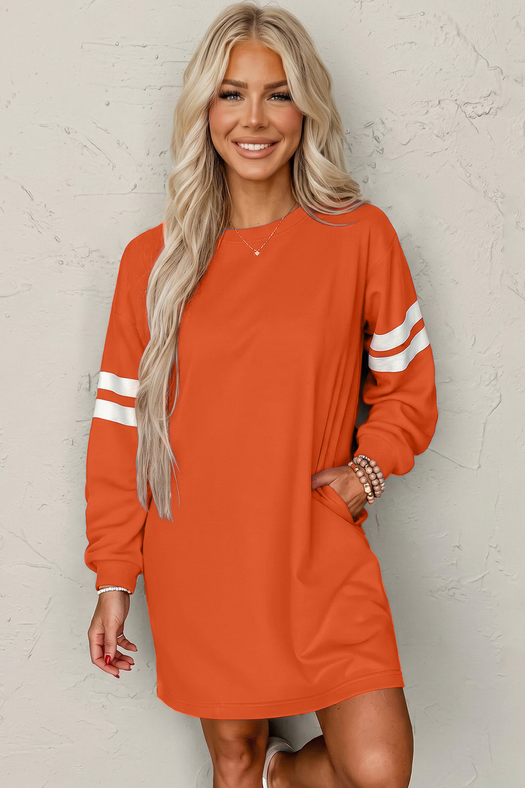 Sky Blue Varsity Contrast Banded Sleeve Shift Sweatshirt Dress