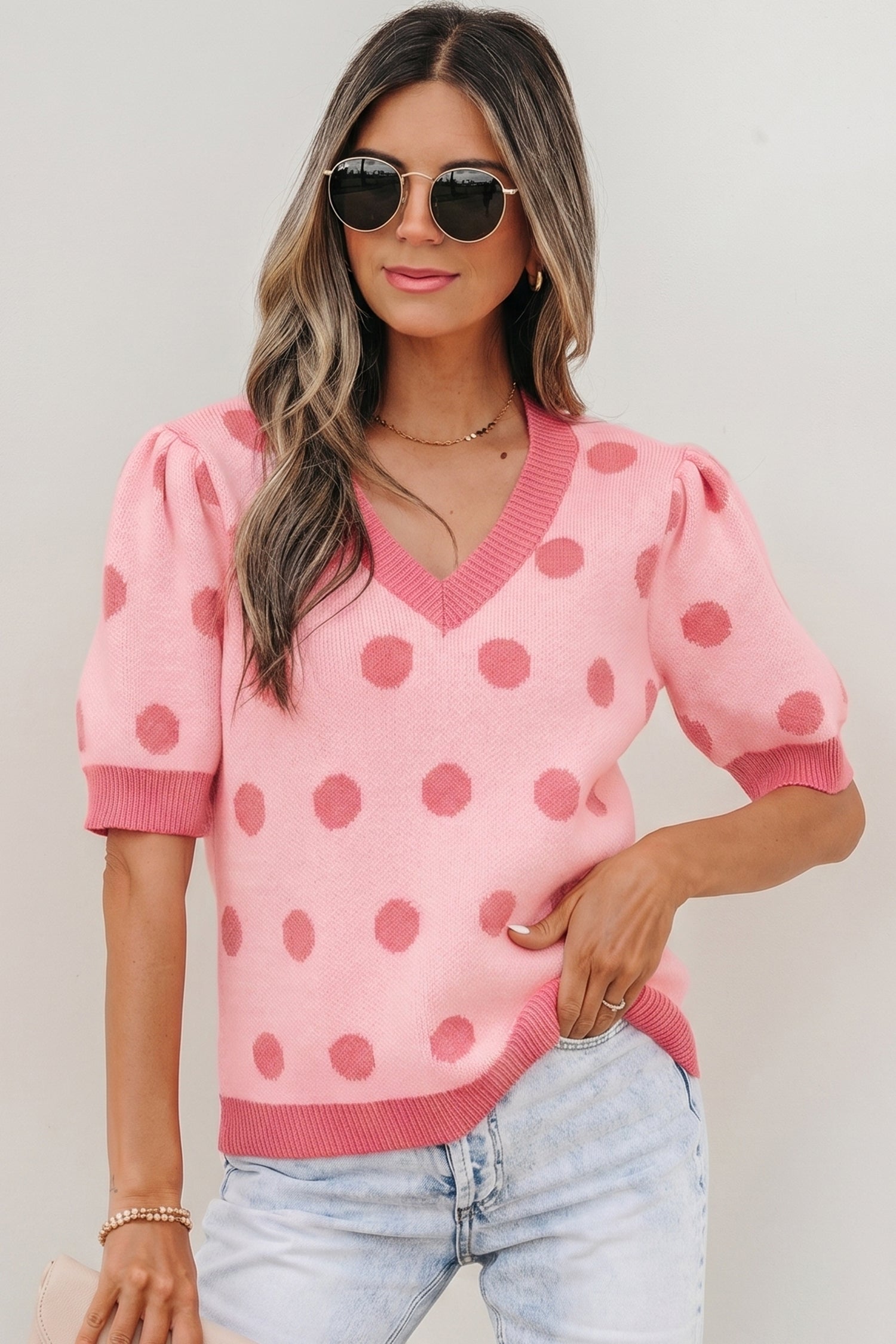 Light Blue Polka Dot Puff Short Sleeve Sweater Top