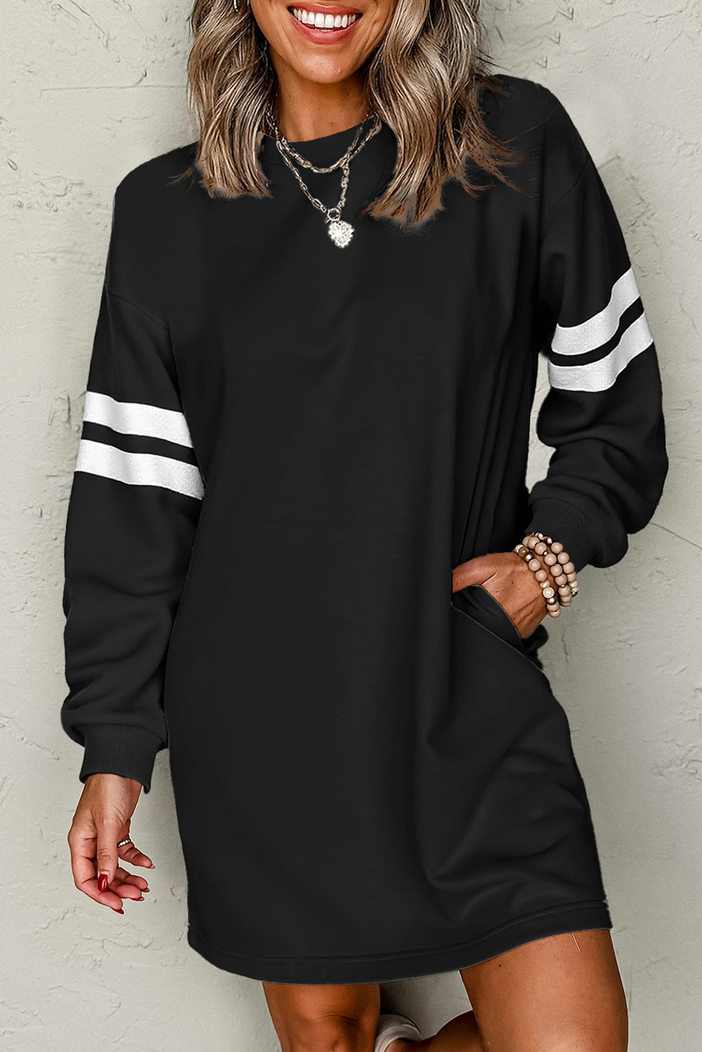 Sky Blue Varsity Contrast Banded Sleeve Shift Sweatshirt Dress