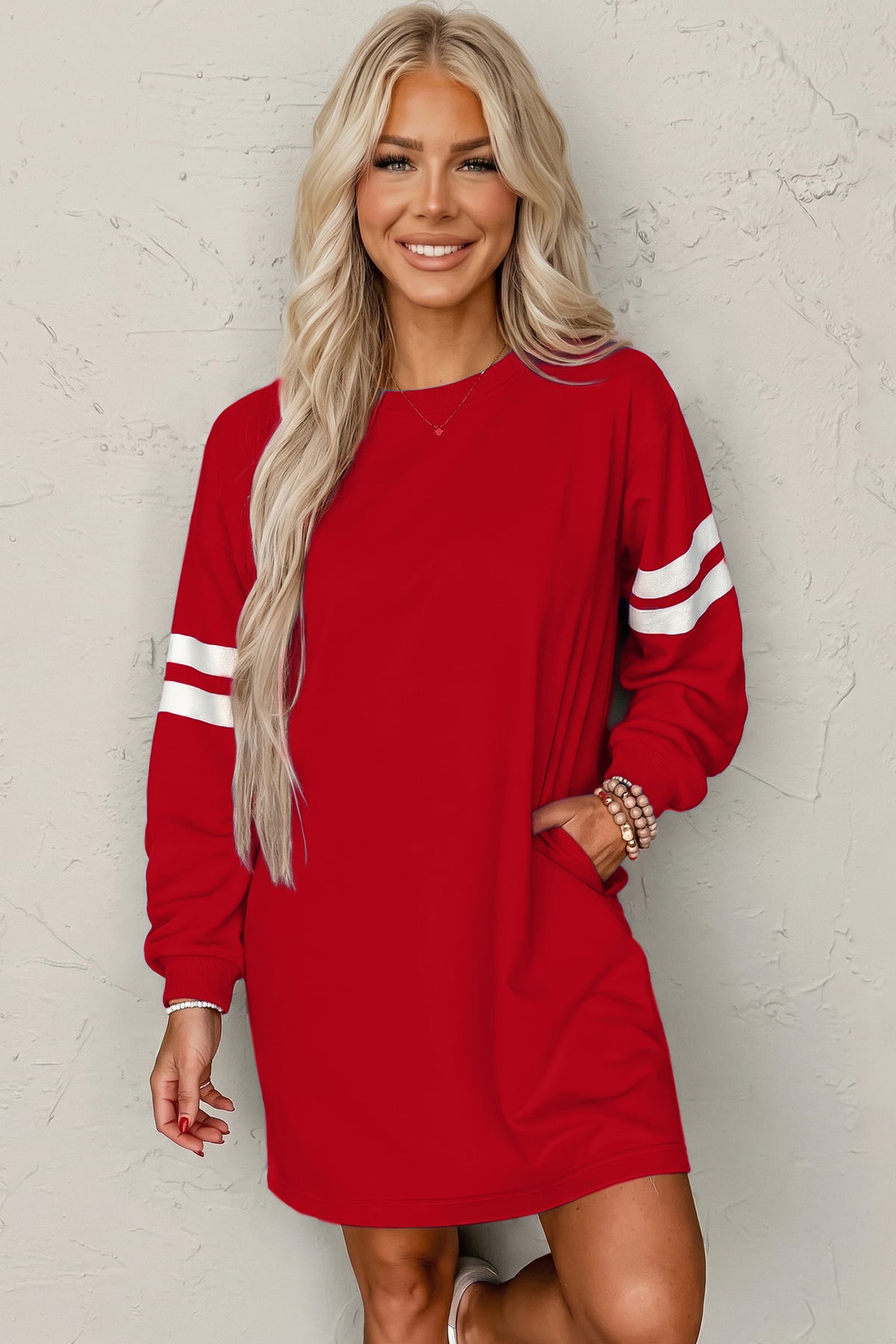 Sky Blue Varsity Contrast Banded Sleeve Shift Sweatshirt Dress