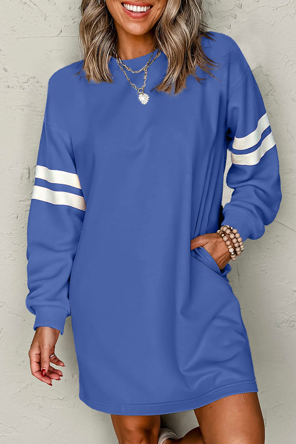 Sky Blue Varsity Contrast Banded Sleeve Shift Sweatshirt Dress