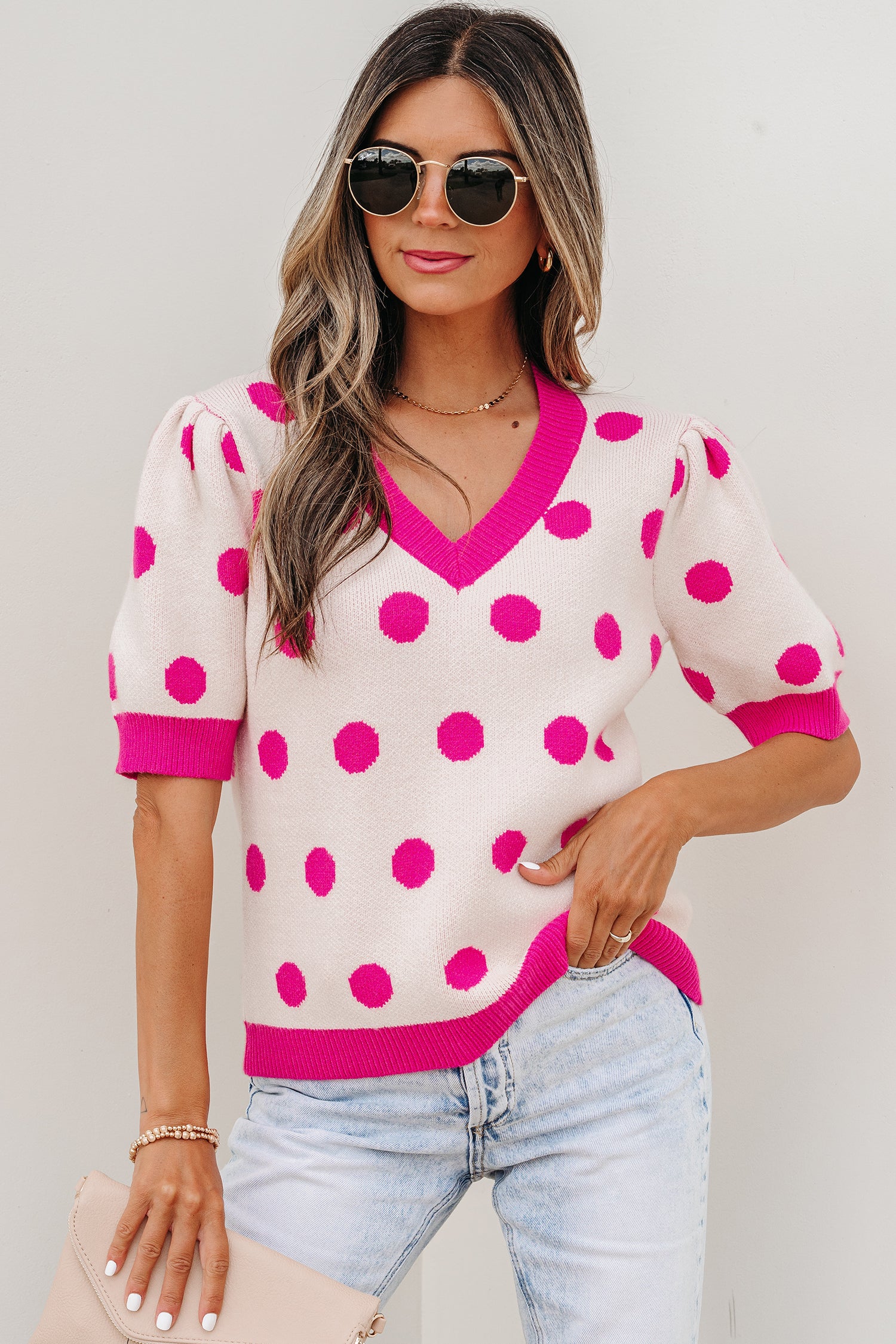 Light Blue Polka Dot Puff Short Sleeve Sweater Top